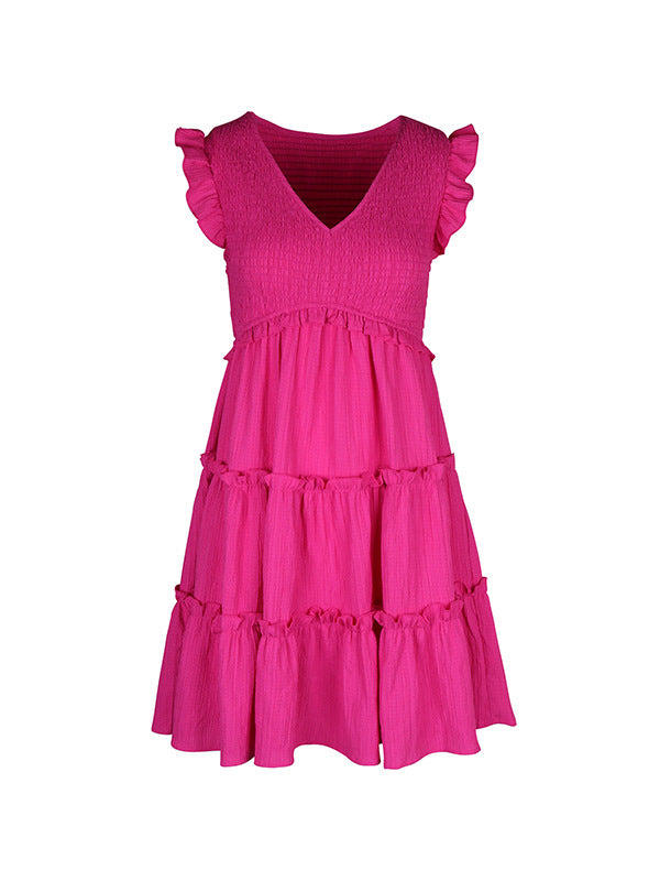 Pleated Ruffle Trim Solid Color Split-Joint Loose Sleeveless Deep V-Neck Mini Dresses