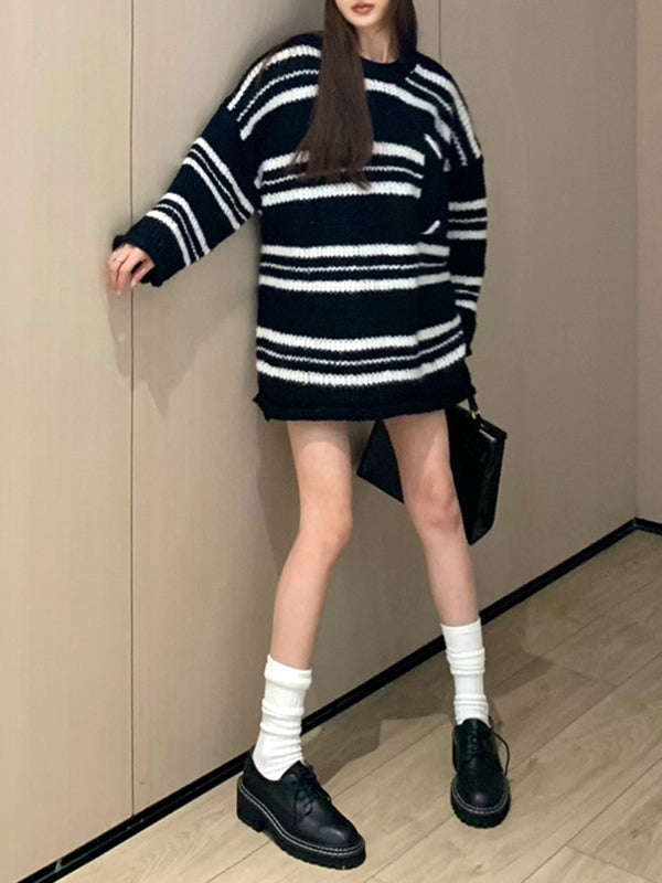 Split-Joint Striped Long Sleeves Loose Round-Neck Sweater