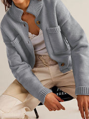 Buttoned Pockets Solid Color Split-Joint Long Sleeves Loose Stand Collar Cardigan Tops
