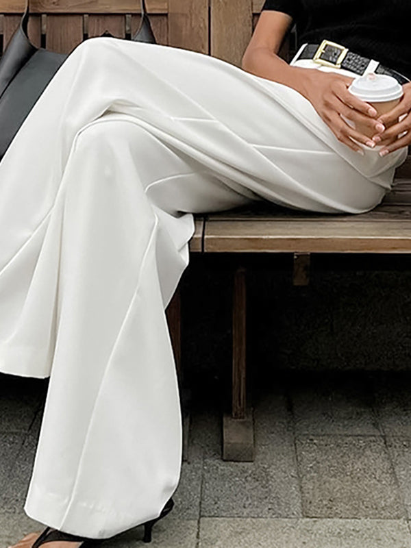 No Belt Pleated Pockets Solid Color High Waisted Loose Trousers Suit Pants