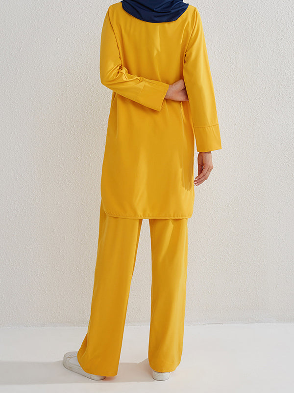 Round-Neck Long Sleeves Pockets Solid Color Split-Side Shirts Top + Pants Bottom Two Pieces Set