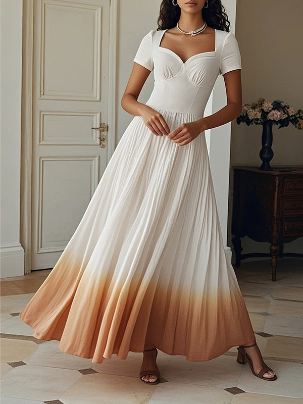 Gradient Pleated Zipper A-line High Waisted V-neck Maxi Dresses