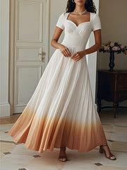 Gradient Pleated Zipper A-line High Waisted V-neck Maxi Dresses