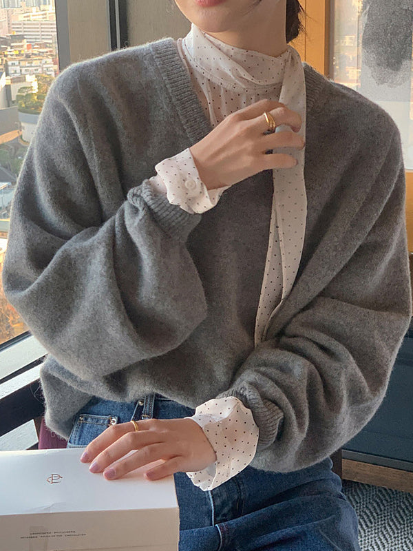 Polka-Dot See-Through Tied Long Sleeves Loose Mock Neck Blouses&Shirts Tops