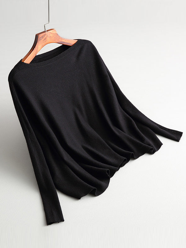 Solid Color Batwing Sleeves High-Low Boat Neck Sweater Pullovers Knitwear