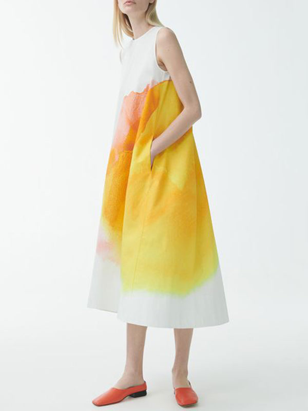 Flower Print Pockets A-line Loose Round-neck Midi Dresses