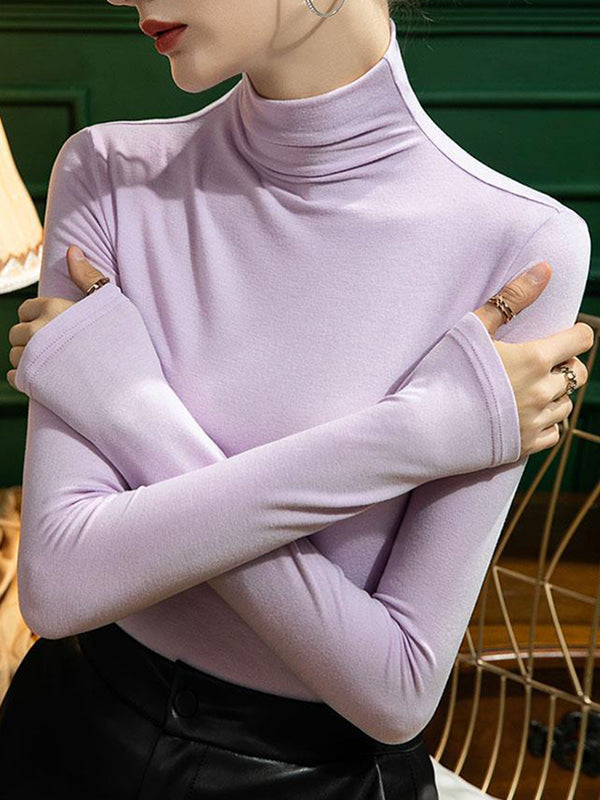 Solid Color Split-Joint Long Sleeves Plus Size High Neck T-Shirts Tops