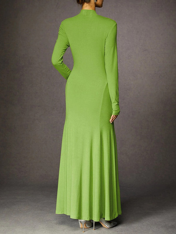 Solid Color Split-Joint Bodycon Long Sleeves High Neck Maxi Dresses