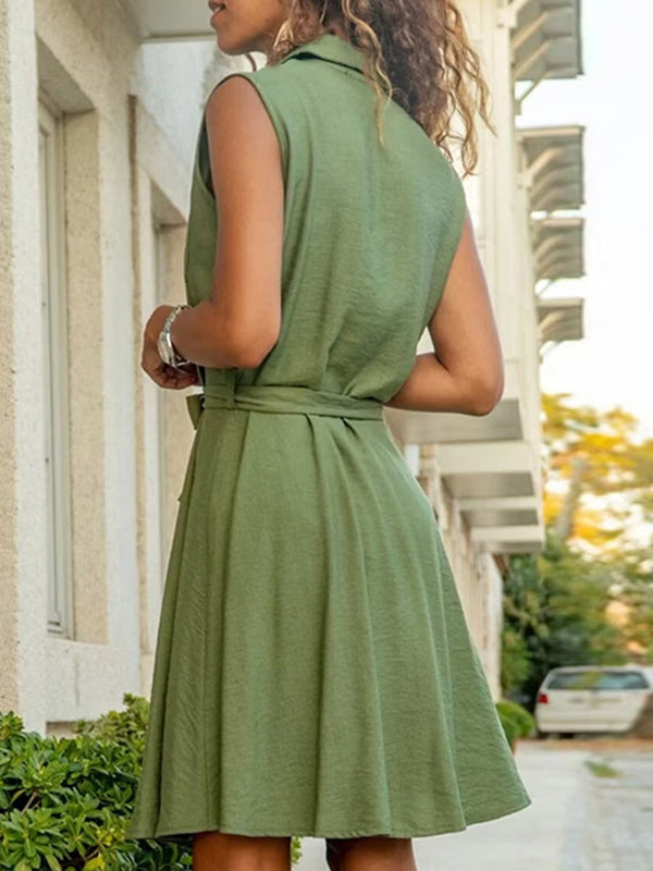 Buttoned Pockets Tied Waist Loose Plus Size Lapel Mini Dresses