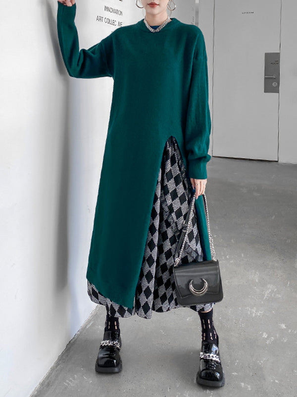 Solid Color Split-side Long Sleeves Loose Round-neck Sweater Tops