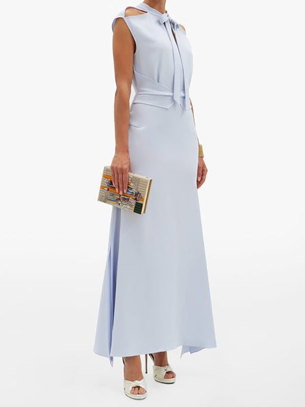 Hollow Pockets Solid Color Split-back Tied Zipper A-line Bodycon Cold shoulder Midi Dresses