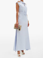 Hollow Pockets Solid Color Split-back Tied Zipper A-line Bodycon Cold shoulder Midi Dresses