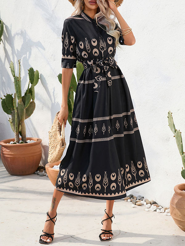 Buttoned Tied Waist A-Line Half Sleeves Lapel Midi Dresses