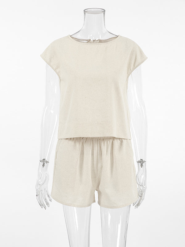 Round-Neck Loose Sleeveless Solid Color Split-Joint Vest Top + Elasticity Shorts Bottom Two Pieces Set