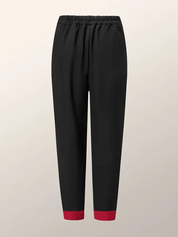 Long Sleeves Loose Buttoned Elasticity Flower Print Hollow Pleated Round-neck Pants Set Two Pieces Set