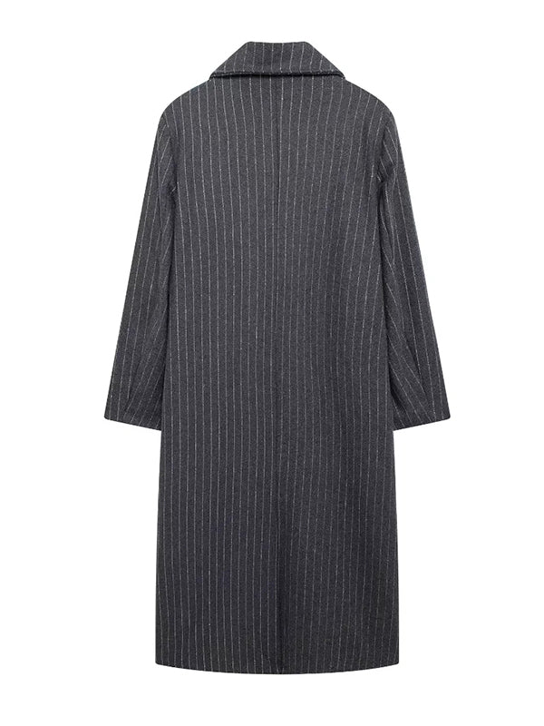 Split-Joint Striped Long Sleeves Loose Lapel Woolen Coat Trench Coats