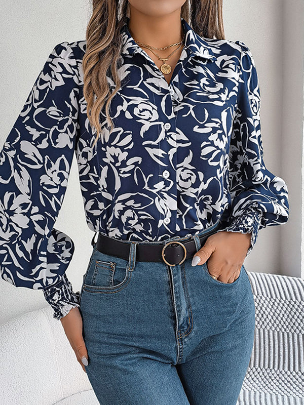 Buttoned Contrast Color Elasticity Flower Print Long Sleeves Loose Lapel Blouses&shirts Tops