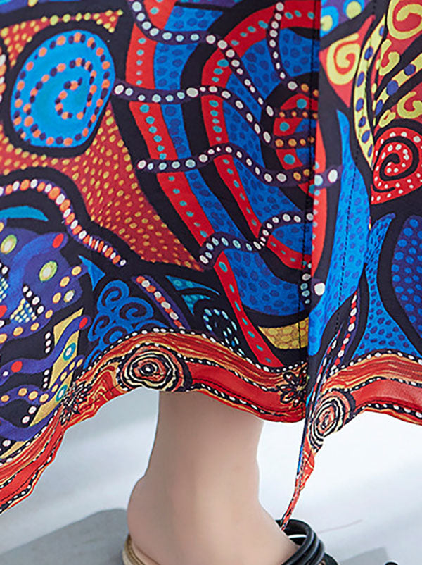 Printed Batwing Sleeves Loose Lapel Midi Dresses