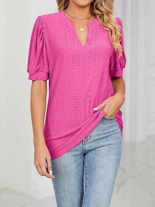 Hollow Solid Color Bishop Sleeve Loose V-neck T-Shirts Tops