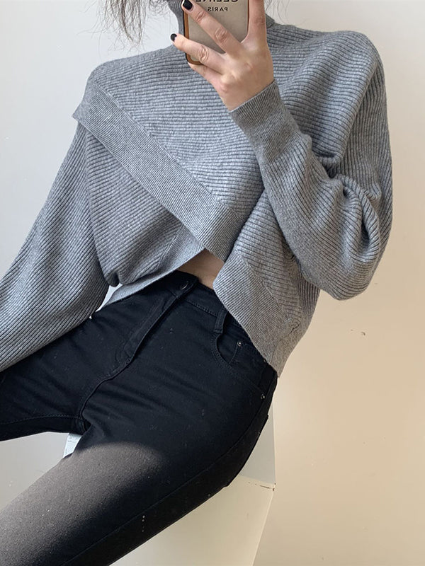 Asymmetric Solid Color Split-Front Long Sleeves High-Neck Sweater Pullovers Knitwear