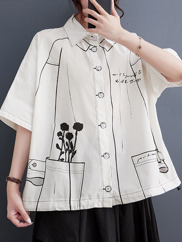 Buttoned Printed Loose Short Sleeves Lapel Blouses&Shirts Tops
