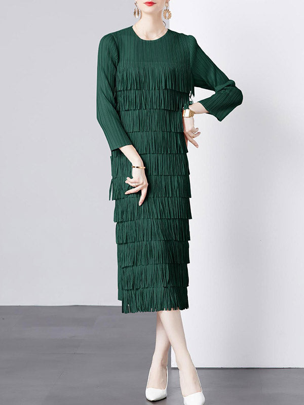 Pleated Solid Color Split-Joint Tasseled Long Sleeves Loose Round-Neck Midi Dresses