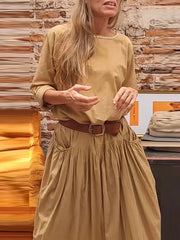 Loose Raglan Sleeve Pleated Solid Color Split-Joint Round-Neck Maxi Dresses