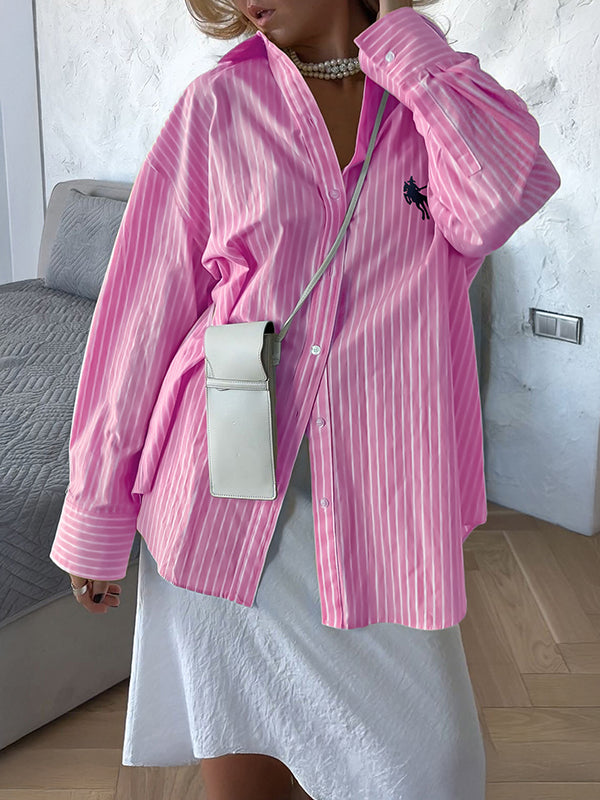 Buttoned Pockets Striped Long Sleeves Loose Lapel Blouses&Shirts Tops