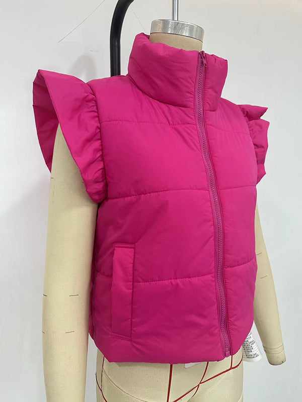 Pleated Solid Color Split-Joint Flared Sleeves High Neck Padded Vest