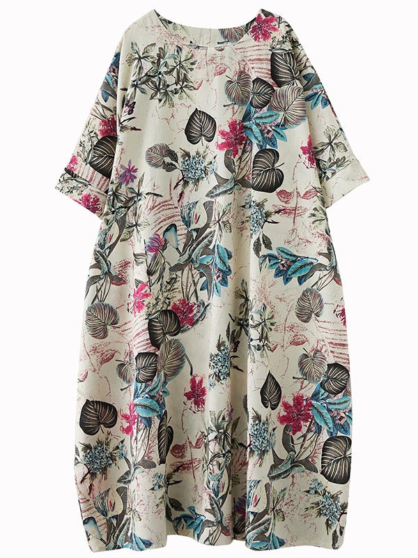 Vintage Floral Round-Neck Dress