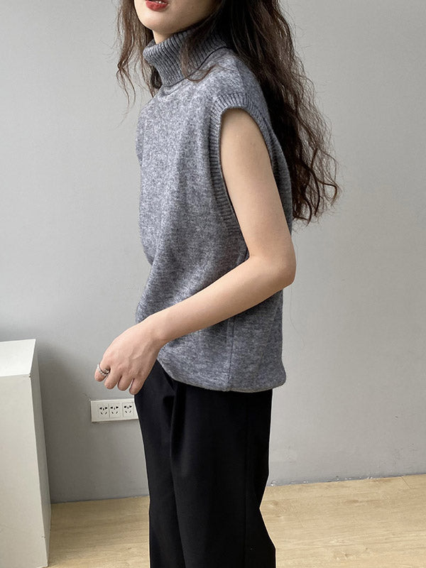 Simple Loose Solid Color High-Neck Knitting Vest Top