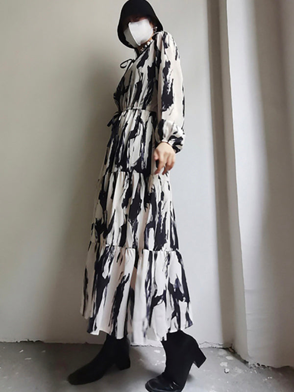 Elasticity Hollow Printed Split-Joint Tied Long Sleeves Loose Mock Neck Midi Dresses