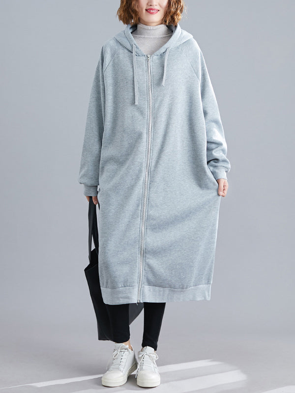 Casual Loose Long Sleeves Solid Color Hooded Outerwear
