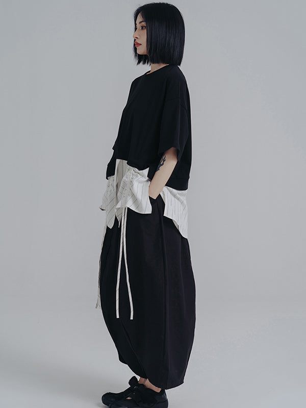 Simple Loose Elasticity Waist Wide Leg Solid Color Pants