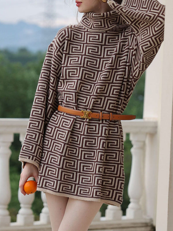 Jacquard Printed Flared Sleeves Long Sleeves High Neck Sweater Dresses Mini Dresses
