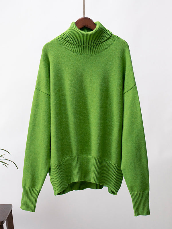 Solid Color Split-Joint High-Low Long Sleeves High Neck Sweater Tops
