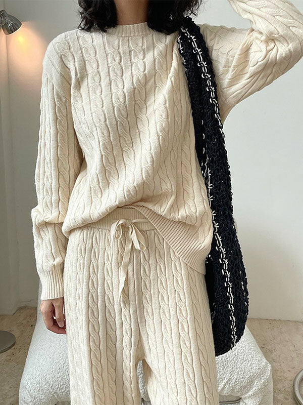 Casual Loose Long Sleeves Jacquard Solid Color Round-Neck Sweater Tops