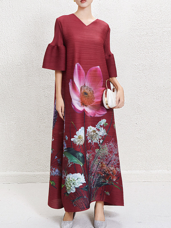 Flower Print Pleated A-Line Flared Sleeves V-Neck Maxi Dresses