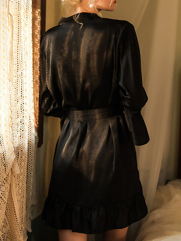 Falbala Ribbed Solid Color Loose V-neck Robes Intimates&Pajamas