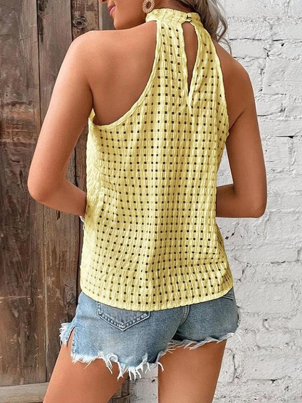 Hollow Jacquard Pleated Solid Color Loose Plus Size Halter-Neck Vest Top