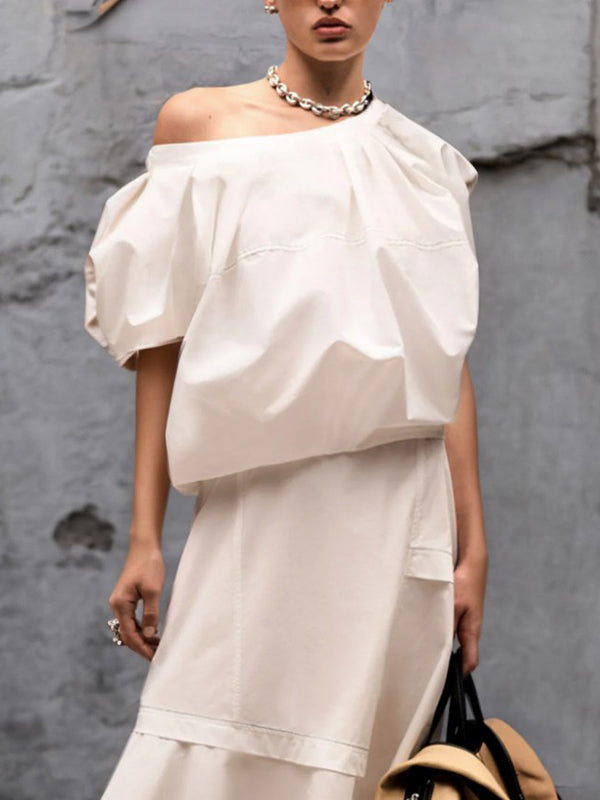 Solid Color Half Sleeves Loose One-Shoulder BlousesTops&Skirts Bottoms Two Pieces Set