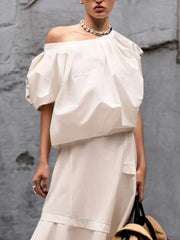 Solid Color Half Sleeves Loose One-Shoulder BlousesTops&Skirts Bottoms Two Pieces Set