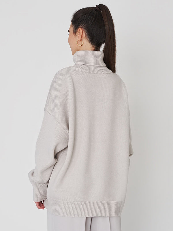 Casual Long Sleeves Loose Solid Color High-Neck Sweater Tops