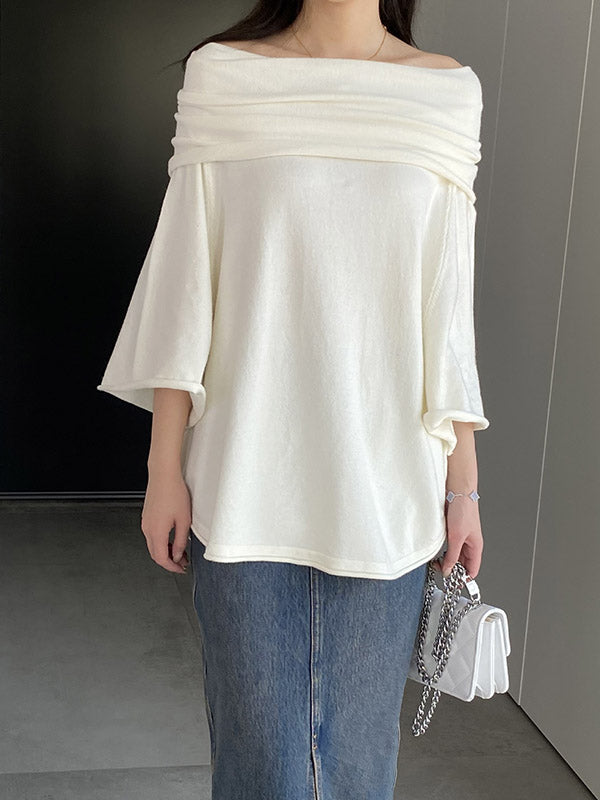 Solid Color Batwing Sleeves Flared Sleeves Off-the-shoulder Knit Top