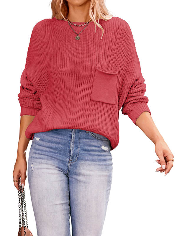 Pockets Solid Color Long Sleeves Loose Round-Neck Sweater Tops Pullovers