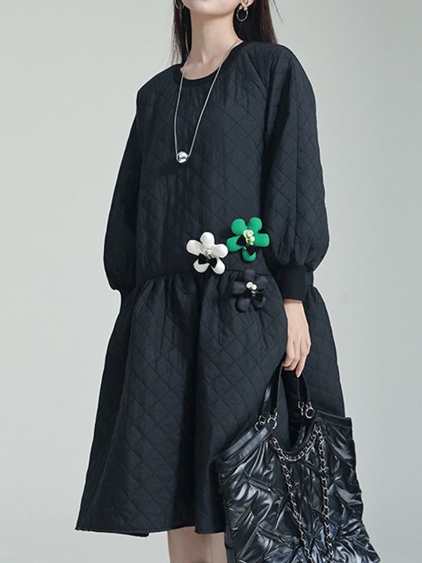 Pleated Quilted Split-Joint Long Sleeves Loose Round-Neck Midi Dresses