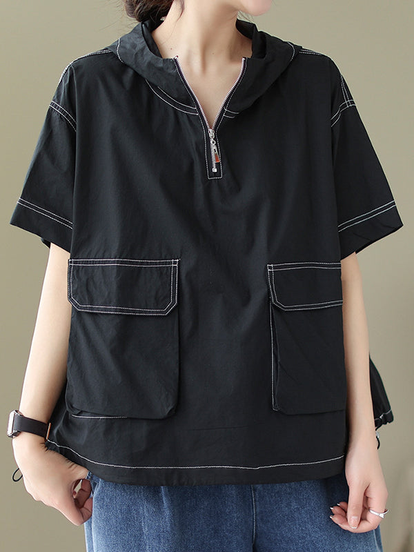 Zipper Loose Short Sleeves Hooded T-Shirts Tops