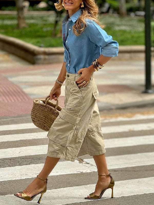 Buttoned Pockets Solid Color Split-Joint Loose Wide Leg Cropped Trousers Capri-Pants