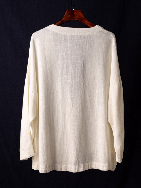 Vintage Ramie Cotton Stand Collar Loose Long Sleeve Shirt