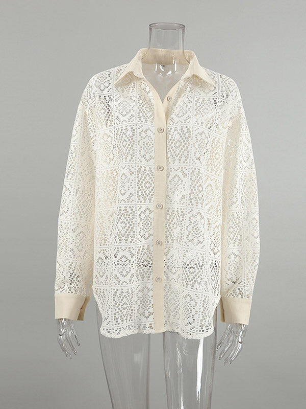 Buttoned Hollow See-Through Solid Color Sun Protection Long Sleeves Loose Lapel Collar Blouses&Shirts Tops